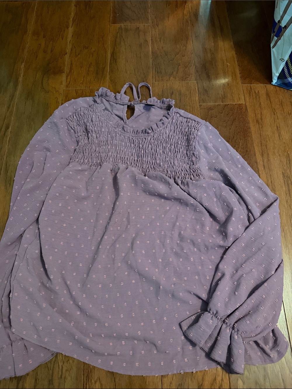 SHEIN Dusty Lavender Smocked Ruffle Neck Blouse